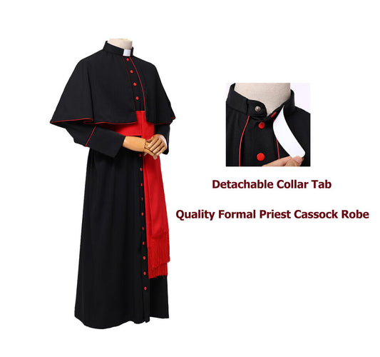 Clergy Robe Black Cassock Choir Pulpit Liturgical Vestment Soutane Cape Red Belt